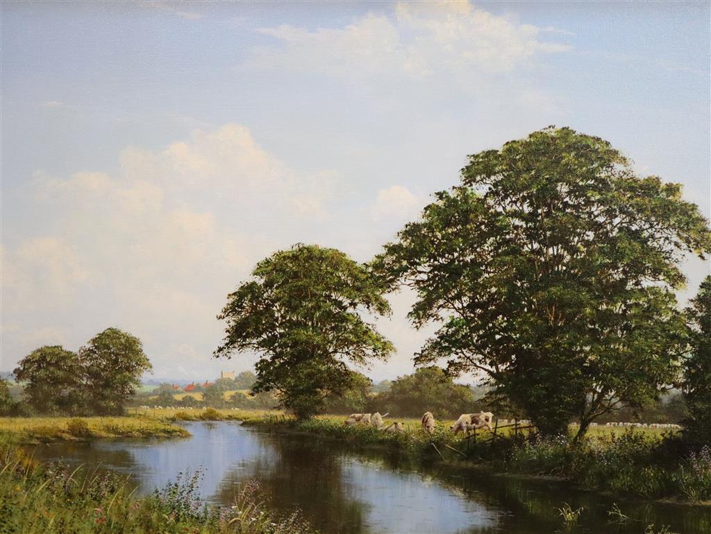 Edward Hersey (1948-) River landscape with cattle in meadows 17.75 x 23.5in.